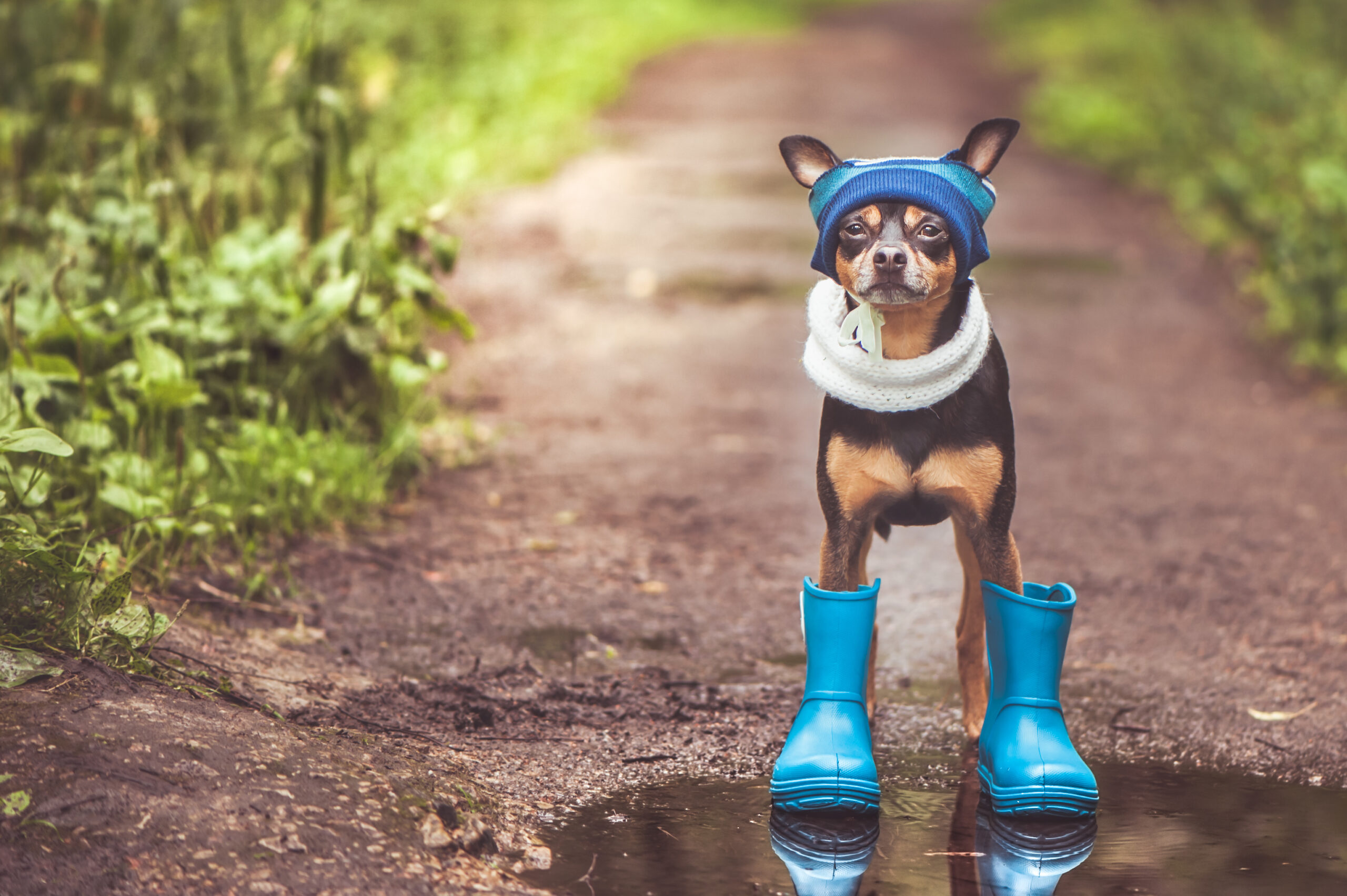 dog in shoes and cap standing